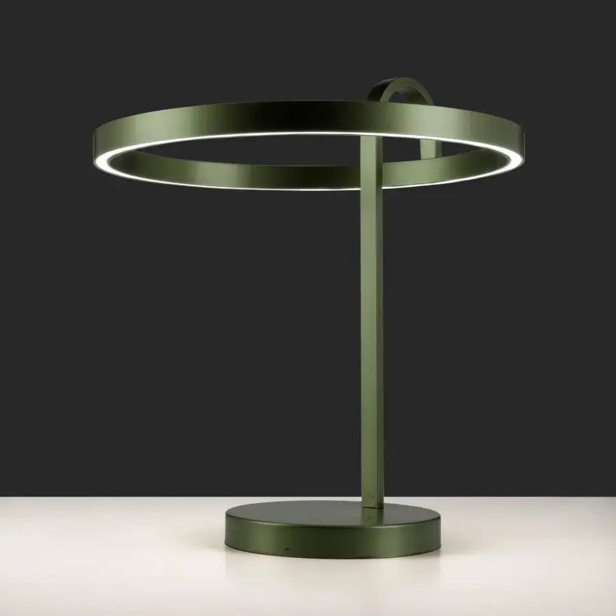 Exceptional Euroluce Nido table lamp crafted in dark olive green metal with a smooth matte finish and integrated repositioning loop