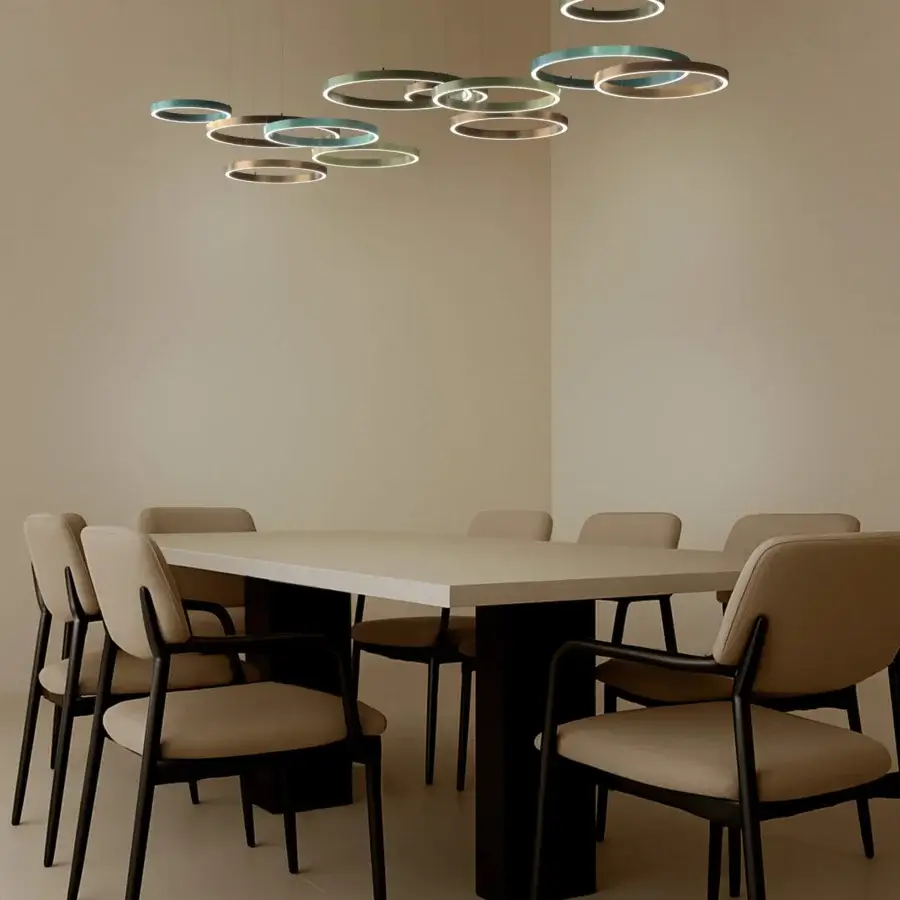 Harmonious Euroluce Henos suspension lamp crafted in metal with a satin finish and concentric rings in muted gray with teal undertones