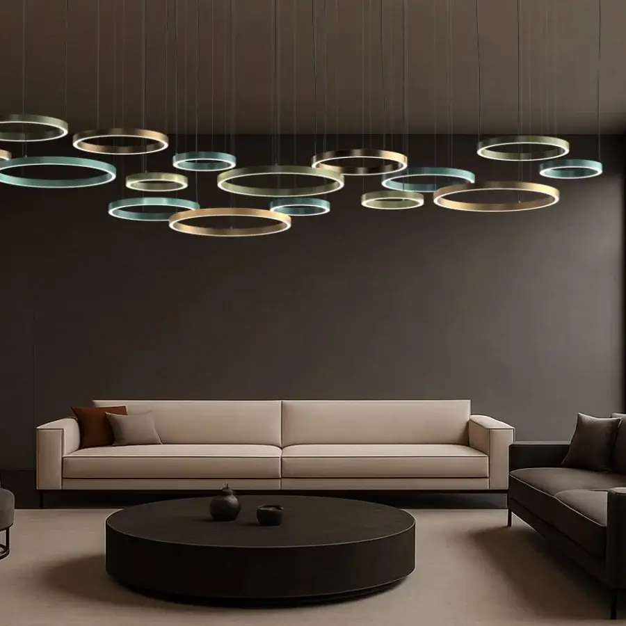 Distinguished Euroluce Henos suspension lamp crafted in metal with a satin muted gold finish and overlapping circular rings