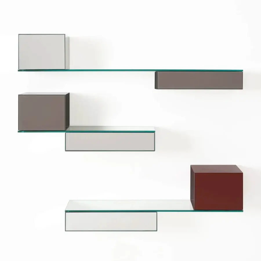 Superior Glas Italia Ollie wall unit with laminated mirror shelving and glossy lacquered glass drawers in brown and gray tones