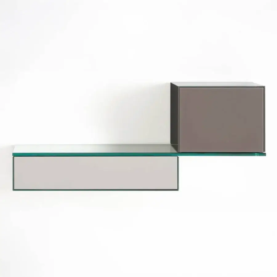 Elegant Glas Italia Ollie wall unit with laminated mirror shelving and glossy lacquered glass finish
