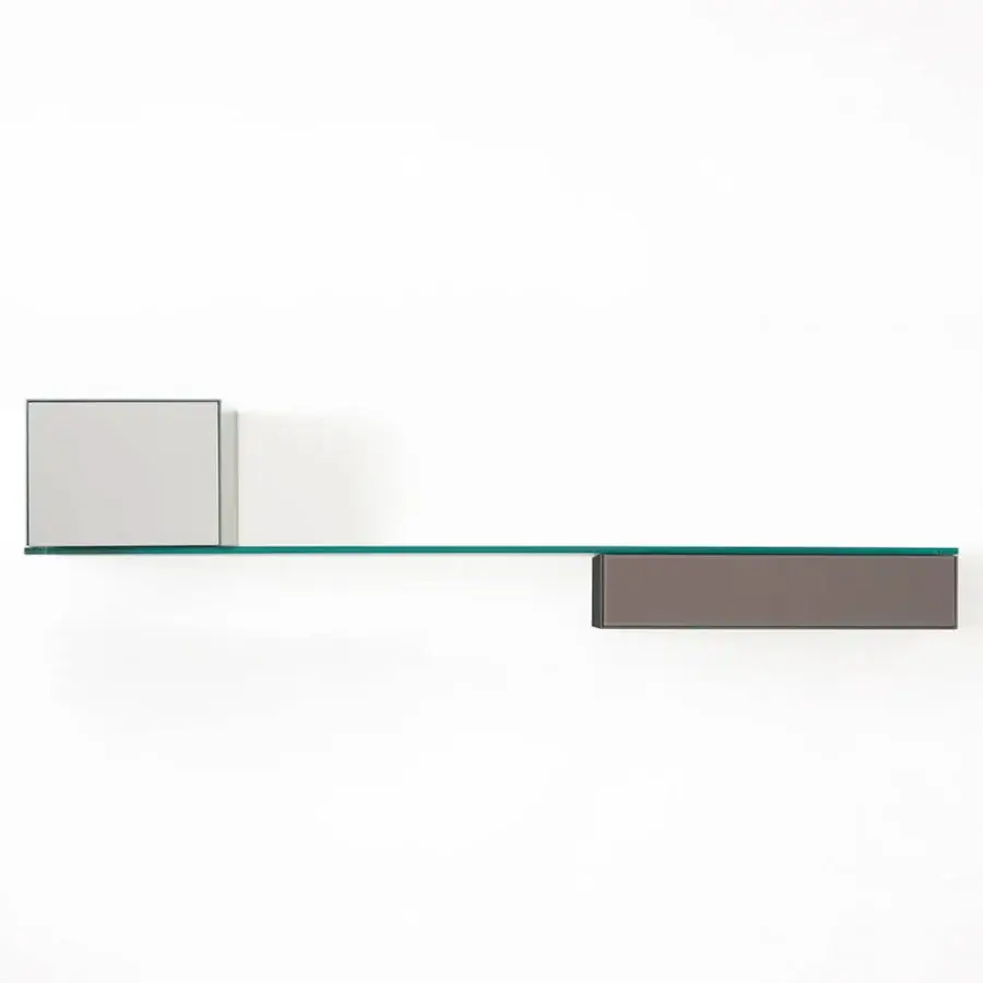 Distinguished Glas Italia Ollie wall unit with laminated mirror shelving and matte medium-brown drawer module in glossy lacquered glass