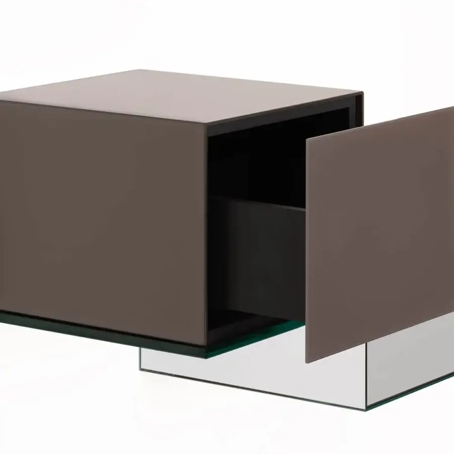 Superior Glas Italia Ollie wall unit with laminated mirror shelving and high-gloss brownish-grey drawers
