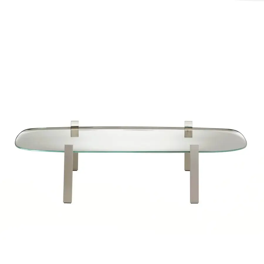Elegant Glas Italia 5 O'Clock coffee table with curved extra-clear glass tabletop and nickel-finished steel frame