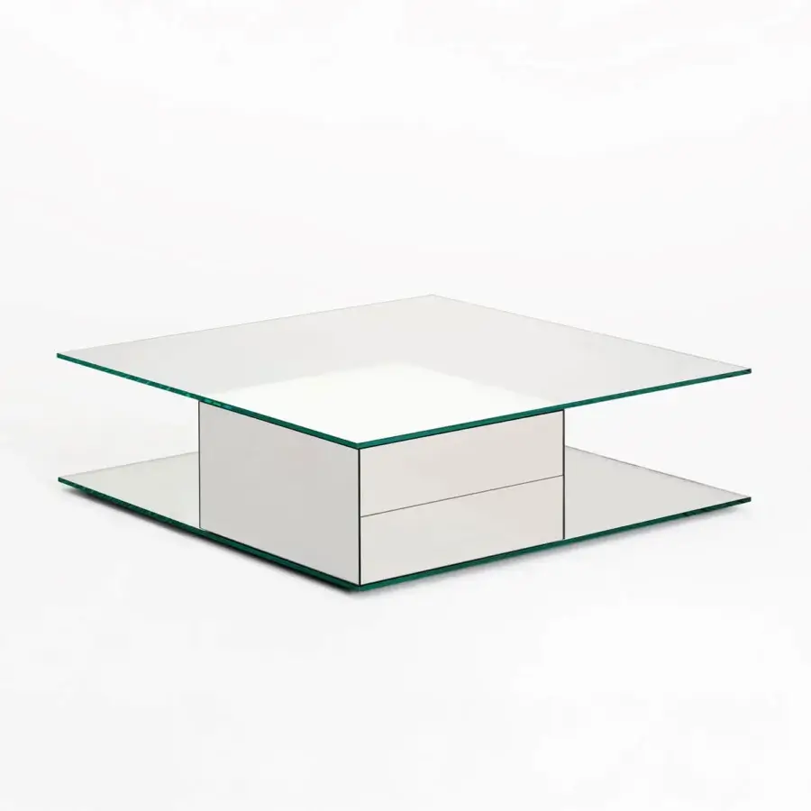 Distinguished Glas Italia Ollie coffee table with clear extra-clear tempered glass and glossy white drawer unit built with recessed Blumotion mechanisms