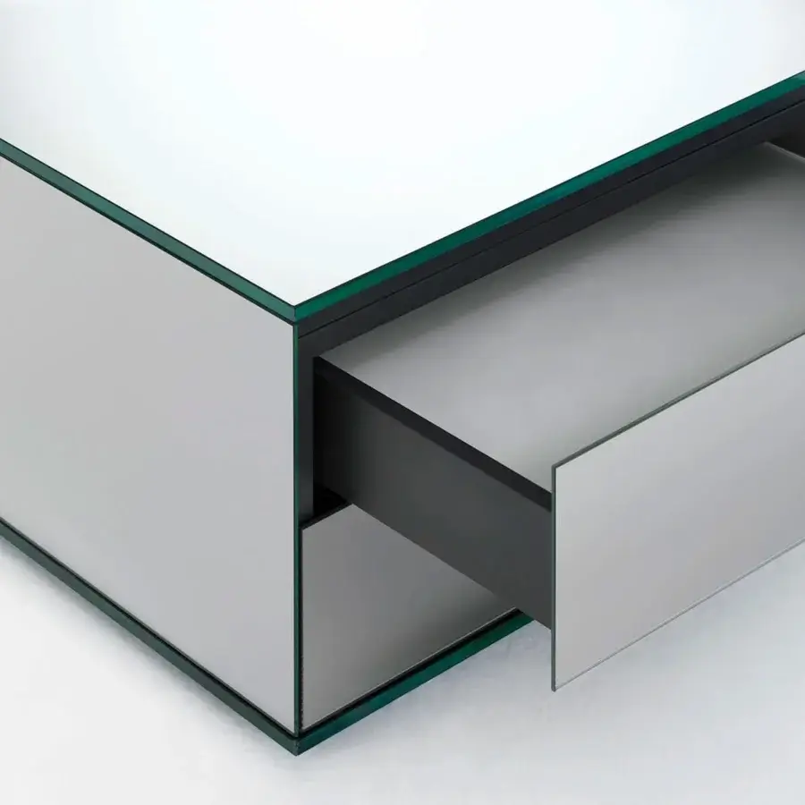 Elegant Glas Italia Ollie coffee table crafted with dark green frame and selectively mirrored extra-clear tempered glass