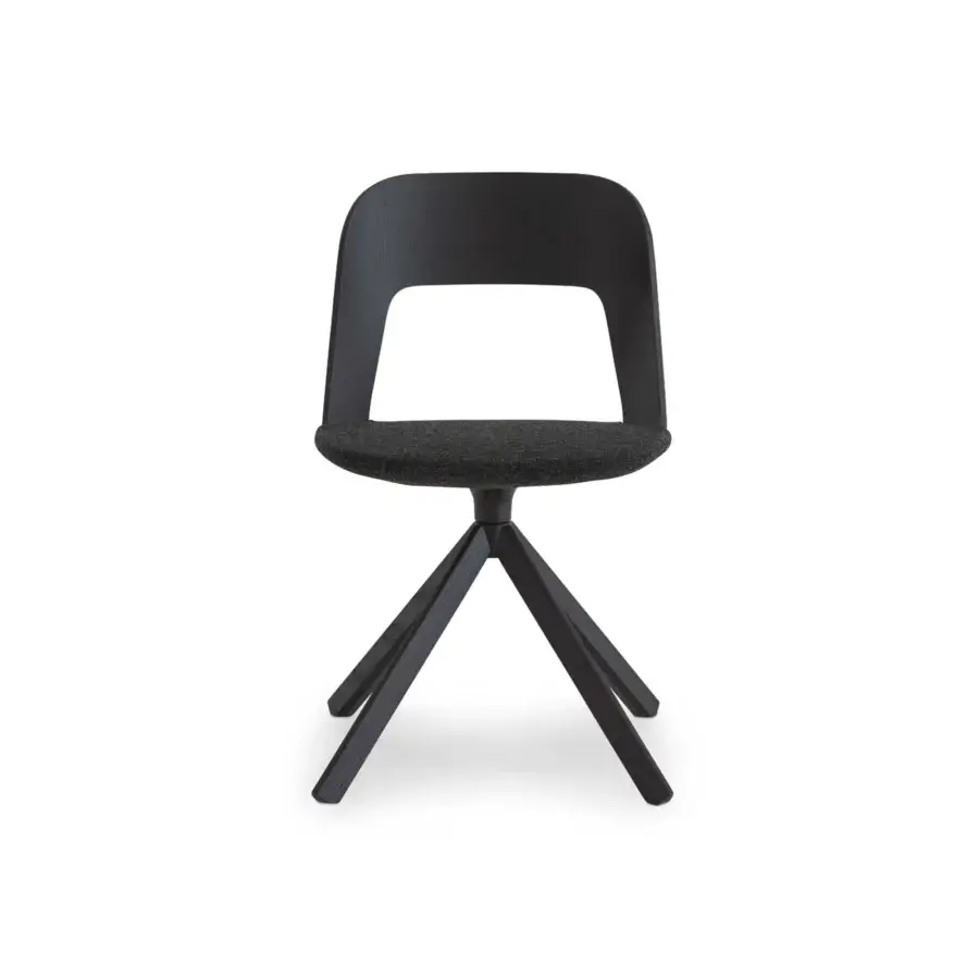 Elegant Lapalma Arco chair with dark muted textile seat, curved plywood backrest and varnished solid wood frame