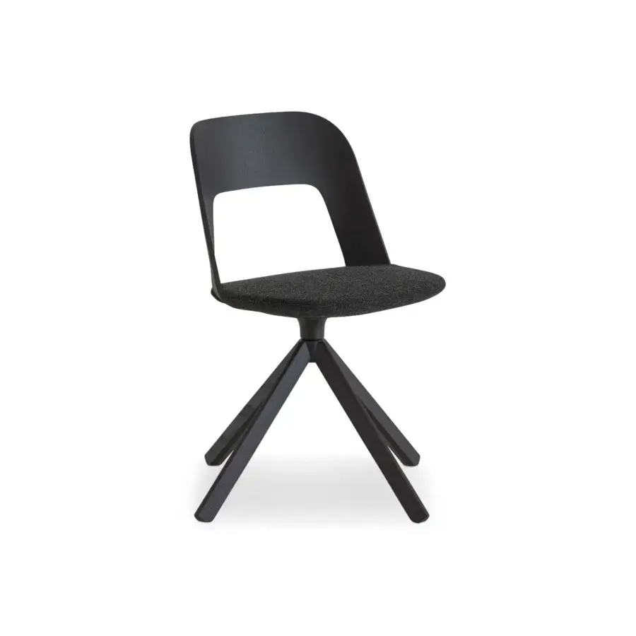 Exceptional Lapalma Arco chair with textured dark gray fabric upholstery, curved plywood backrest and varnished solid wood base
