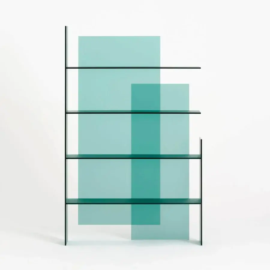 Distinguished Glas Italia Kazimir bookcase with teal gradient shelves and dark-toned metal frame, crafted with acid-etched tempered glass