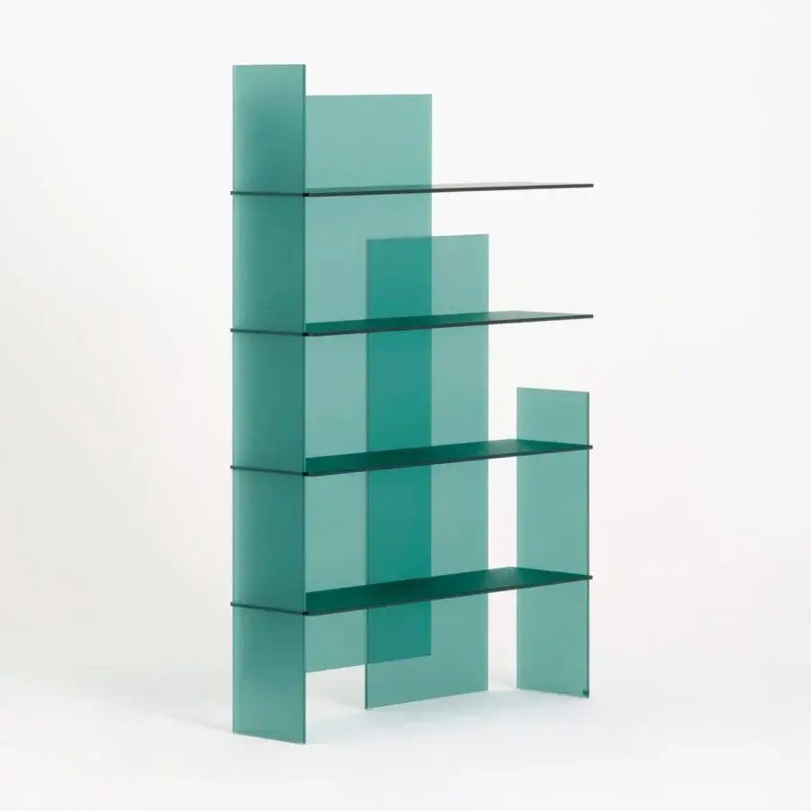 Exceptional Glas Italia Kazimir bookcase crafted from muted teal tempered glass with double-sided acid-etched finish