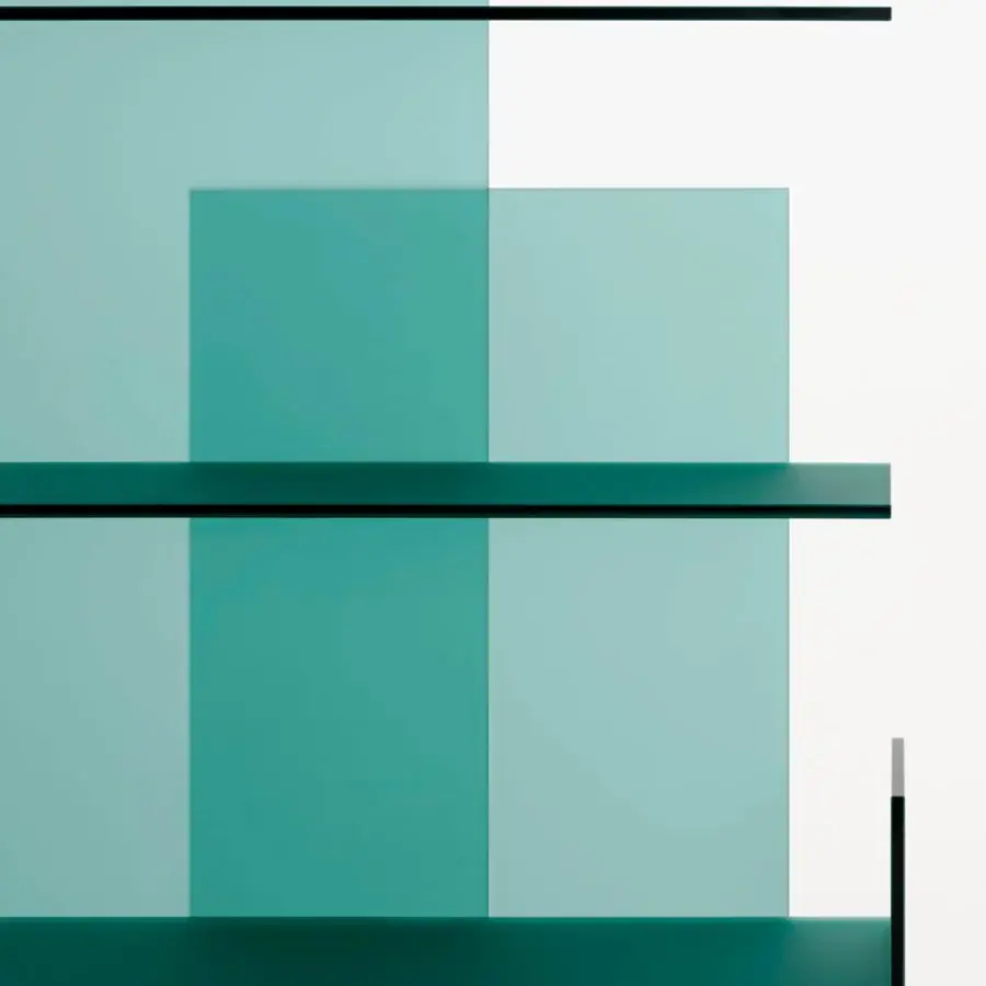 Superior Glas Italia Kazimir bookcase built with muted teal tempered glass and a double-sided acid-etched finish within a matte black frame