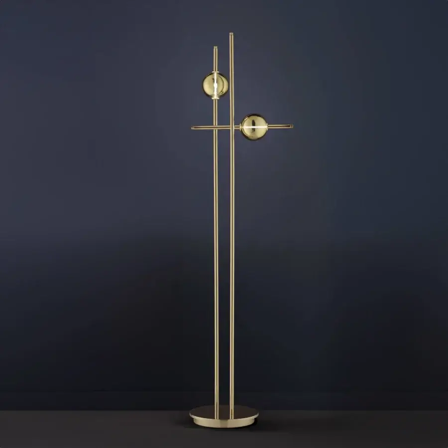 Elegant Euroluce Mikado floor lamp crafted in metal with warm gold satin finish and delicate spherical glass shades