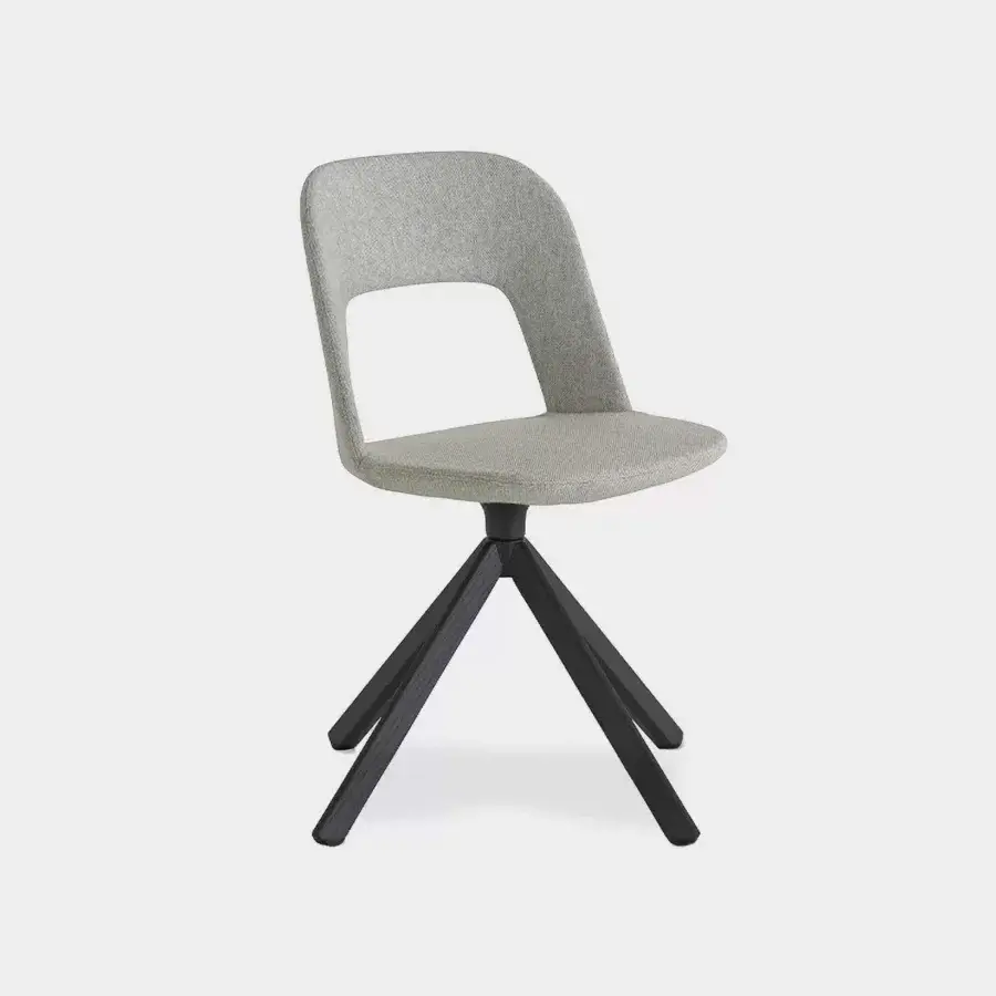 Exceptional Lapalma Arco chair with gracefully curved plywood and neutral gray textured fabric upholstery, built with a varnished solid wood base