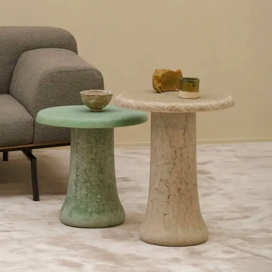 Distinguished Glas Italia Babar side table crafted in muted green recycled glass grit with a smooth matte finish