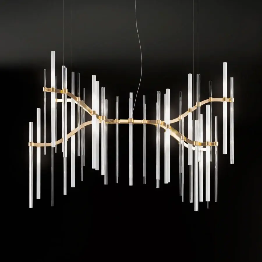 Superior Euroluce Neva suspension lamp crafted in polished silver metal with borosilicate and full Murano glass tubes