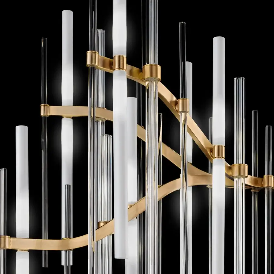 Elegant Euroluce Neva suspension lamp crafted in brushed gold metal with illuminated Murano glass and borosilicate tubes