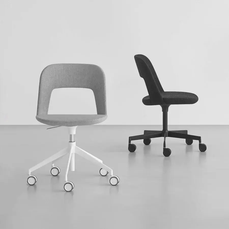 Distinguished Lapalma Arco office chair with fire retardant polyurethane foam and medium gray fabric upholstery, built with a white sandblasted aluminum base