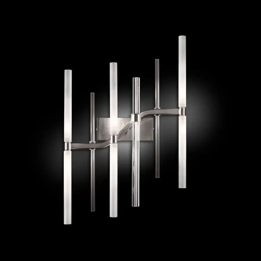 Elegant Euroluce Neva wall lamp crafted in polished metal with luminous Murano glass tubes maintaining a minimalist aesthetic
