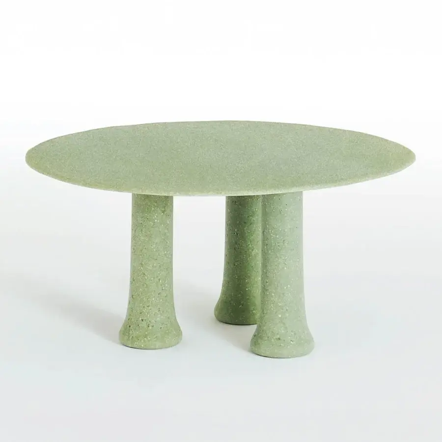 Distinctive Glas Italia Babar table crafted in recycled glass grit and glass shards with advanced polymers and a matte pastel jade finish