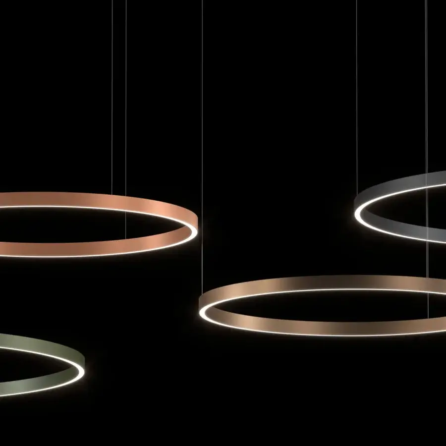 Elegant Euroluce Profile suspension lamp in muted olive green metal delivers focused system down illumination with sleek curved lines