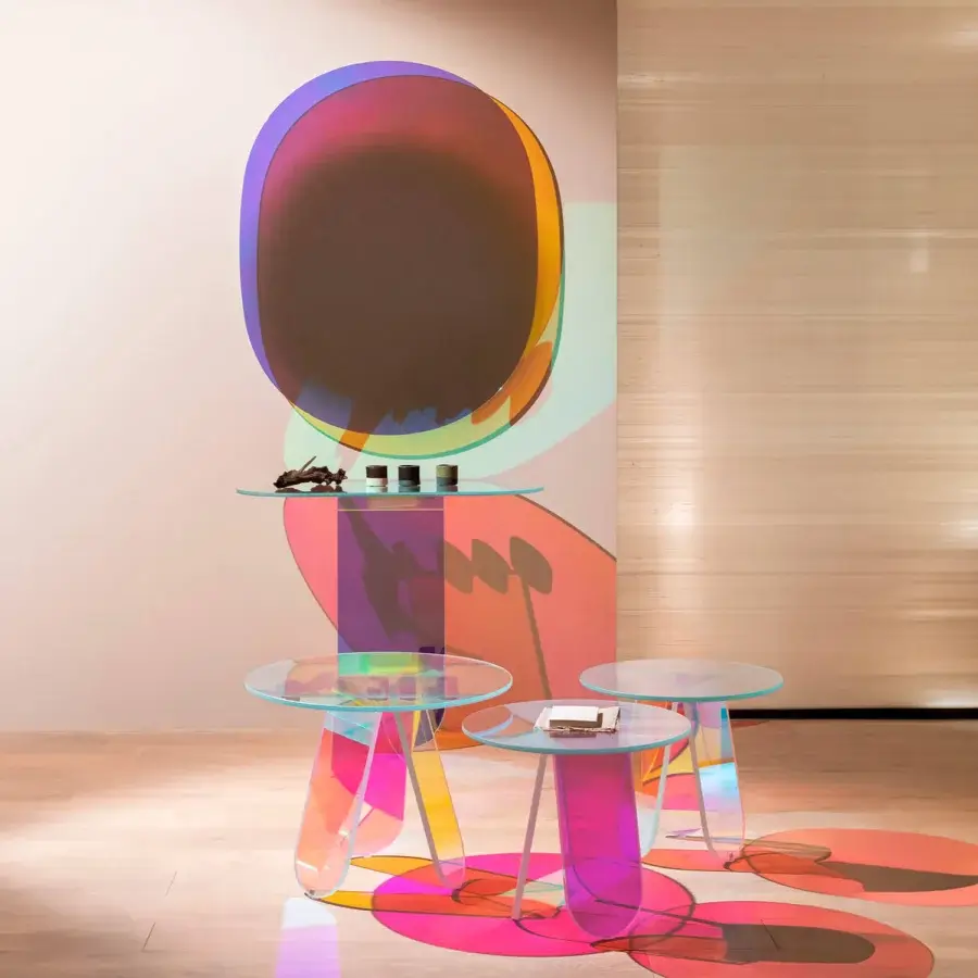 Distinguished Glas Italia Shimmer side table crafted in laminated glass with iridescent multichromatic finish