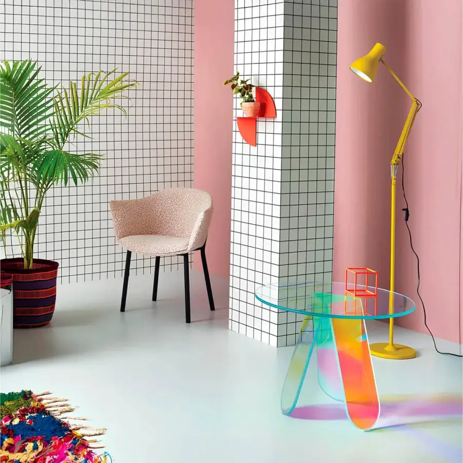 Exclusive Glas Italia Shimmer side table crafted in iridescent multichromatic laminated and glued glass with a yellow base