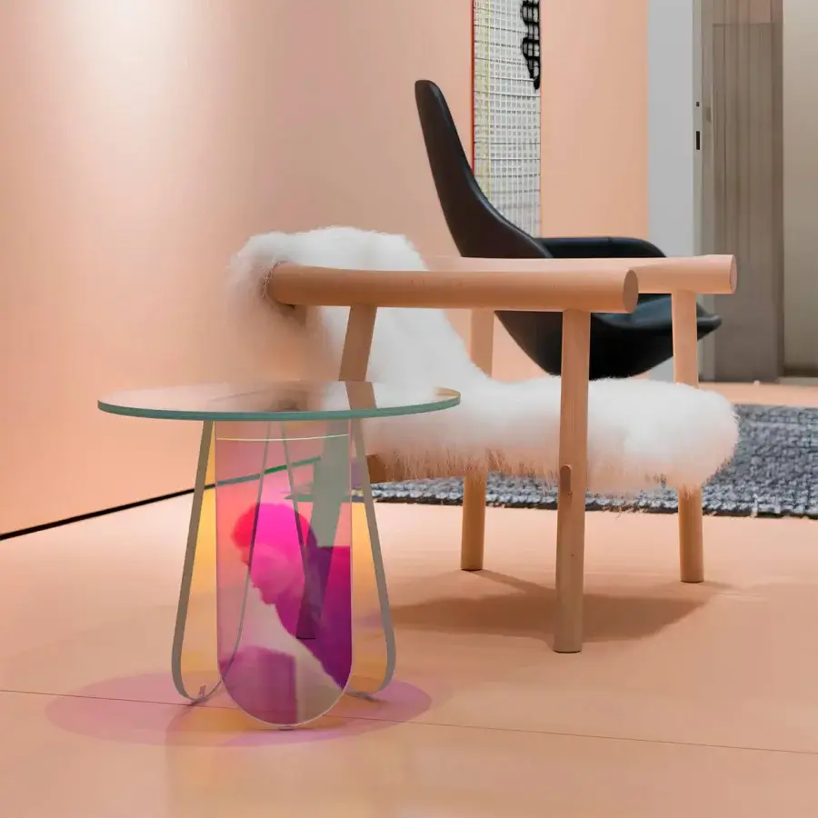 Distinguished Glas Italia Shimmer side table crafted in laminated glass with iridescent multichromatic hues and a captivating finish