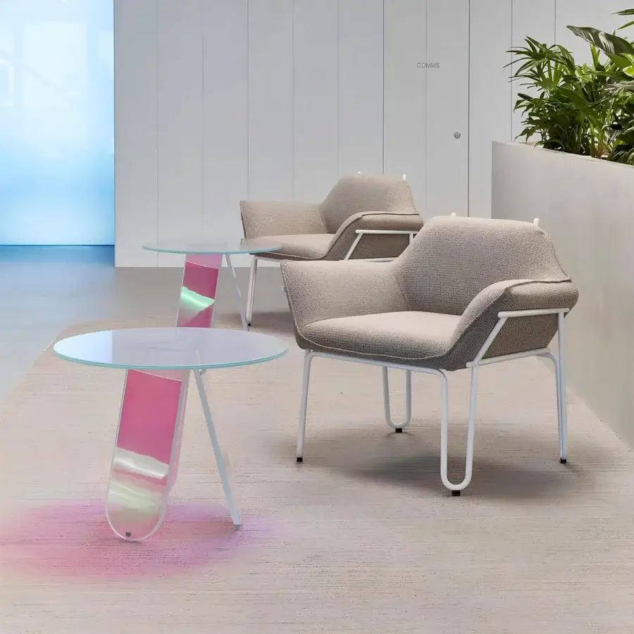 Exceptional Glas Italia Shimmer side table crafted in laminated glass with iridescent multichromatic finish and slender white metal legs