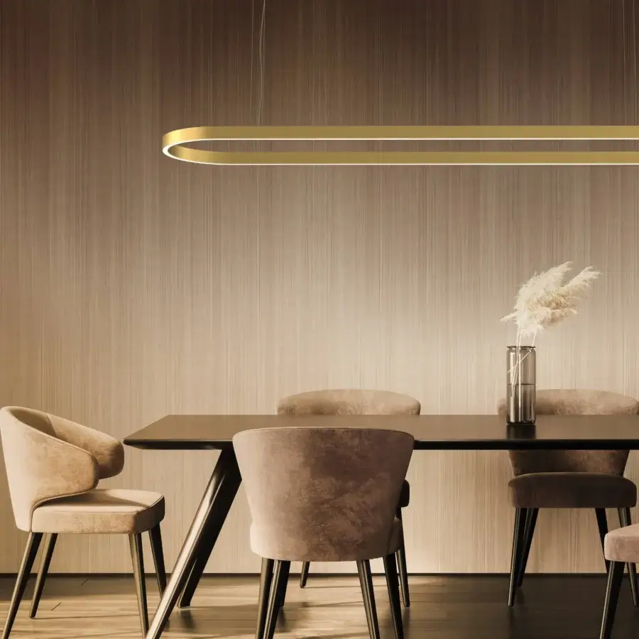 Elegant Euroluce Profile Oval suspension lamp with continuous warm gold metal and smooth satin finish