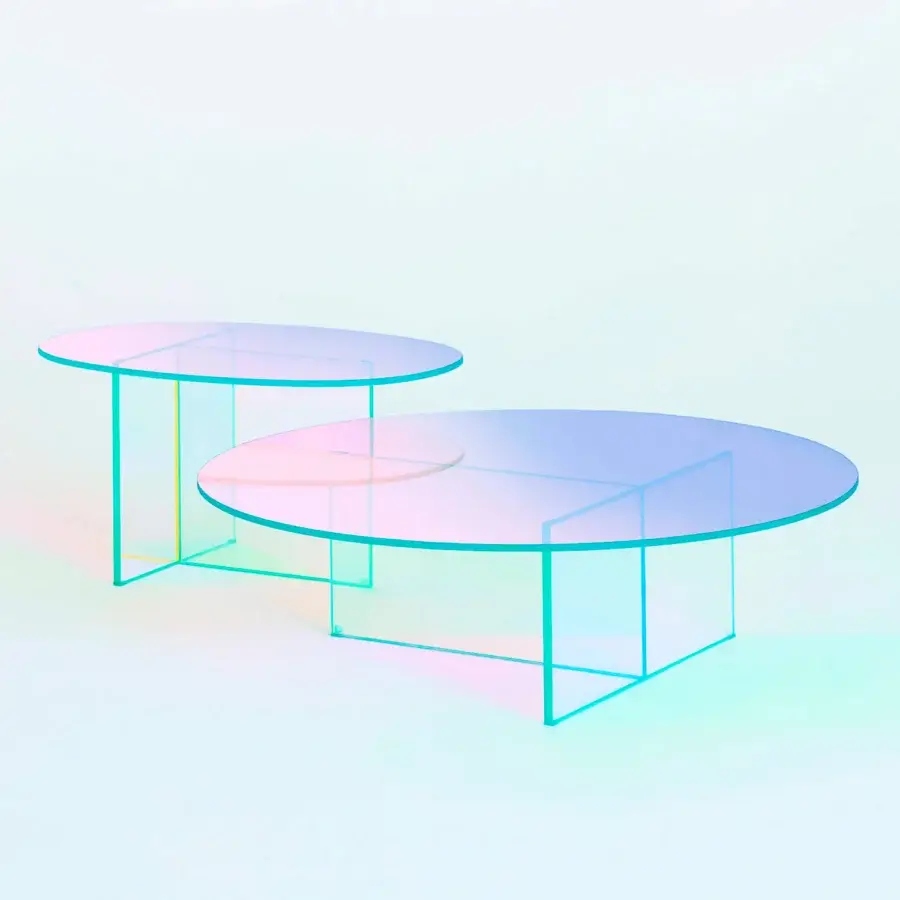 Distinguished Glas Italia Shimmer coffee table crafted in laminated and glued glass with iridescent multichromatic pale blue, pink, and lavender tones