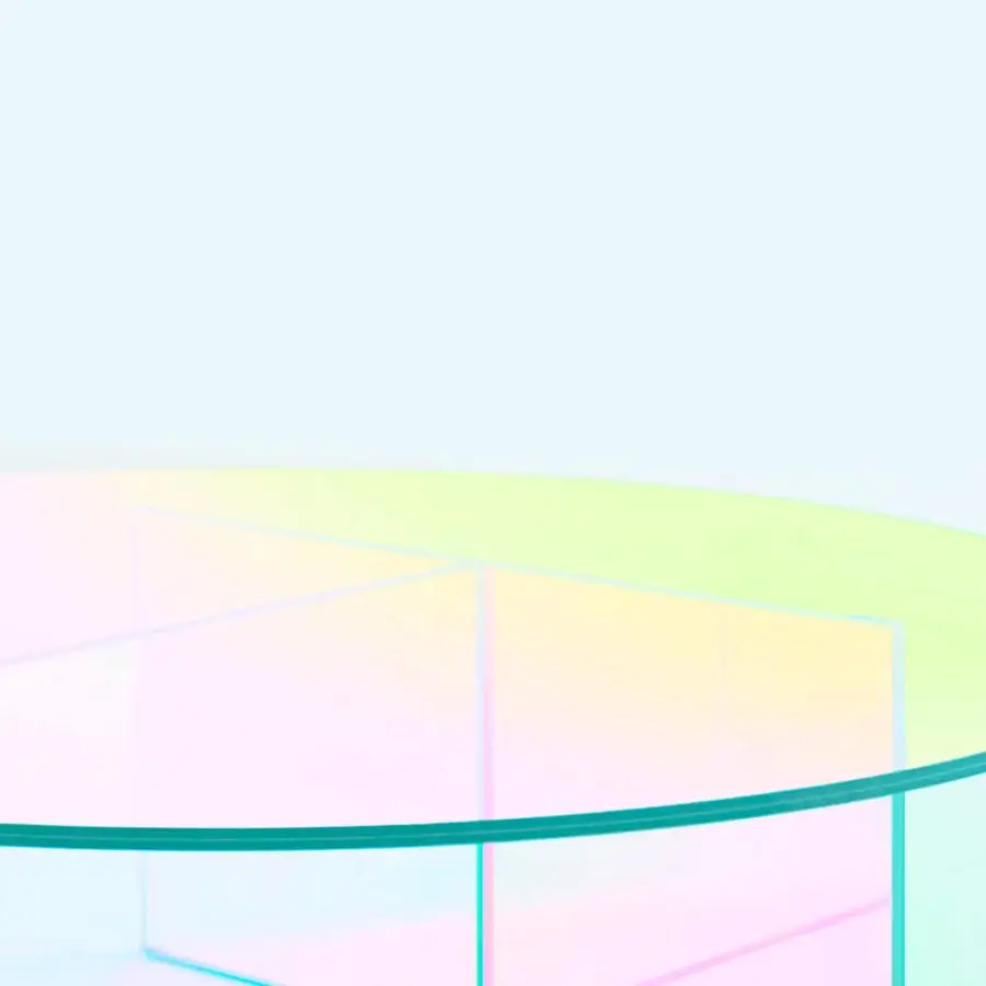 Distinguished Glas Italia Shimmer coffee table crafted in laminated and glued glass with iridescent multichromatic finish