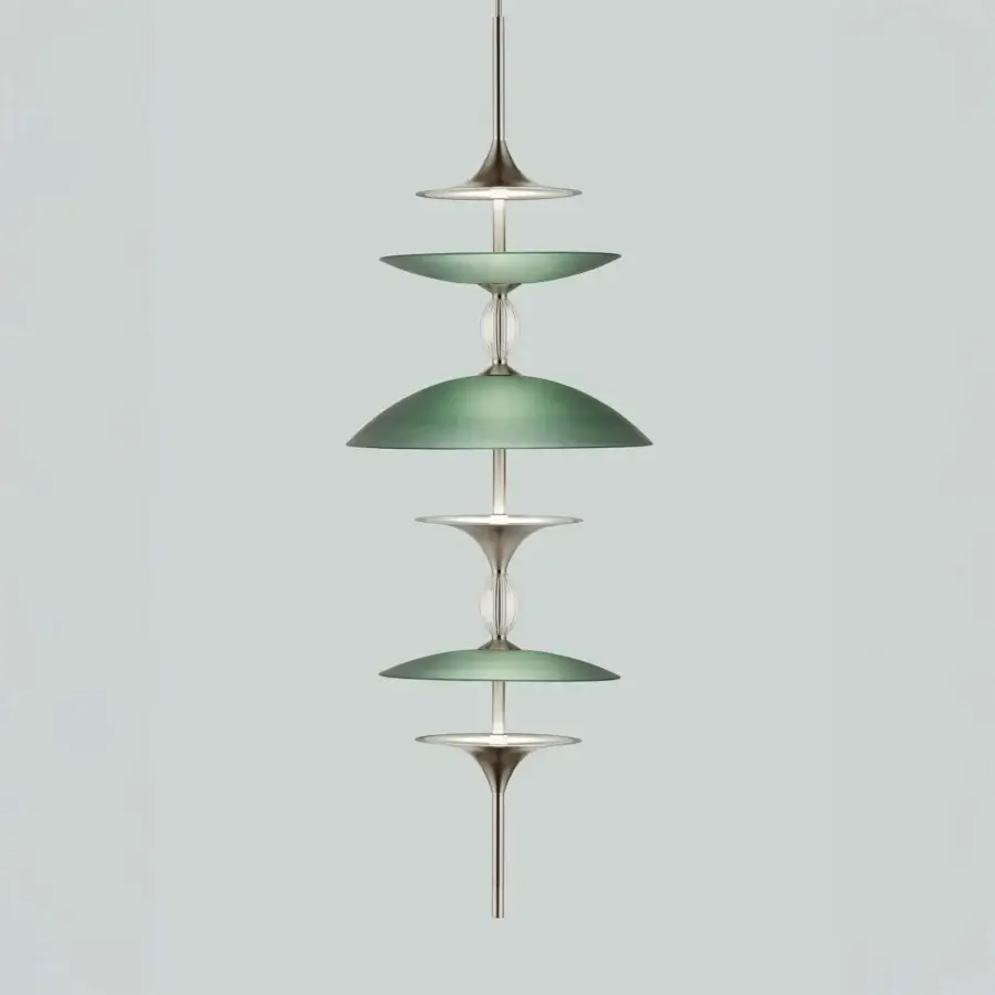 Distinguished Euroluce Sama suspension lamp with cascading muted green disc shades and silver-toned metal elements crafted with a satin finish