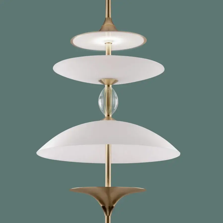 Exceptional Euroluce Sama suspension lamp crafted in metal with warm gold-toned satin finish and stacked disc shades