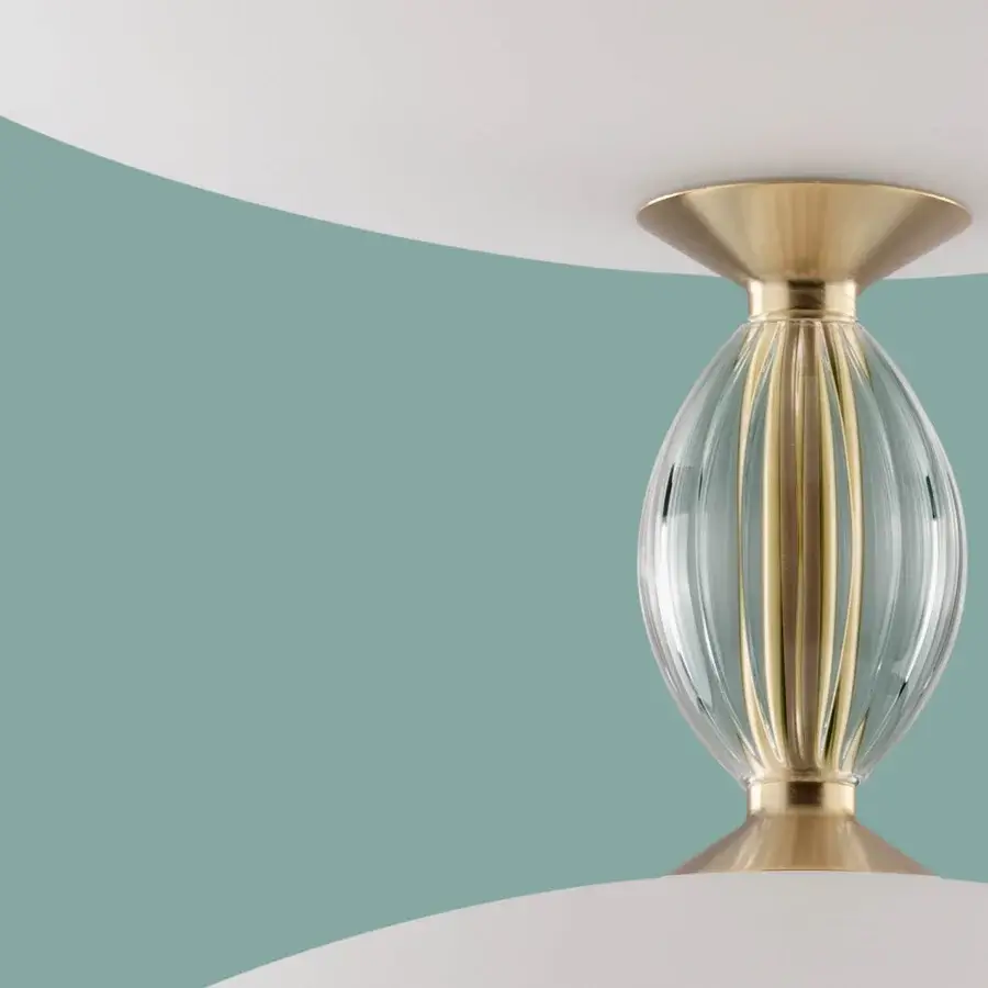 Exceptional Euroluce Sama suspension lamp crafted in metal and glass with a lustrous gold finish and subtle ribbed detailing
