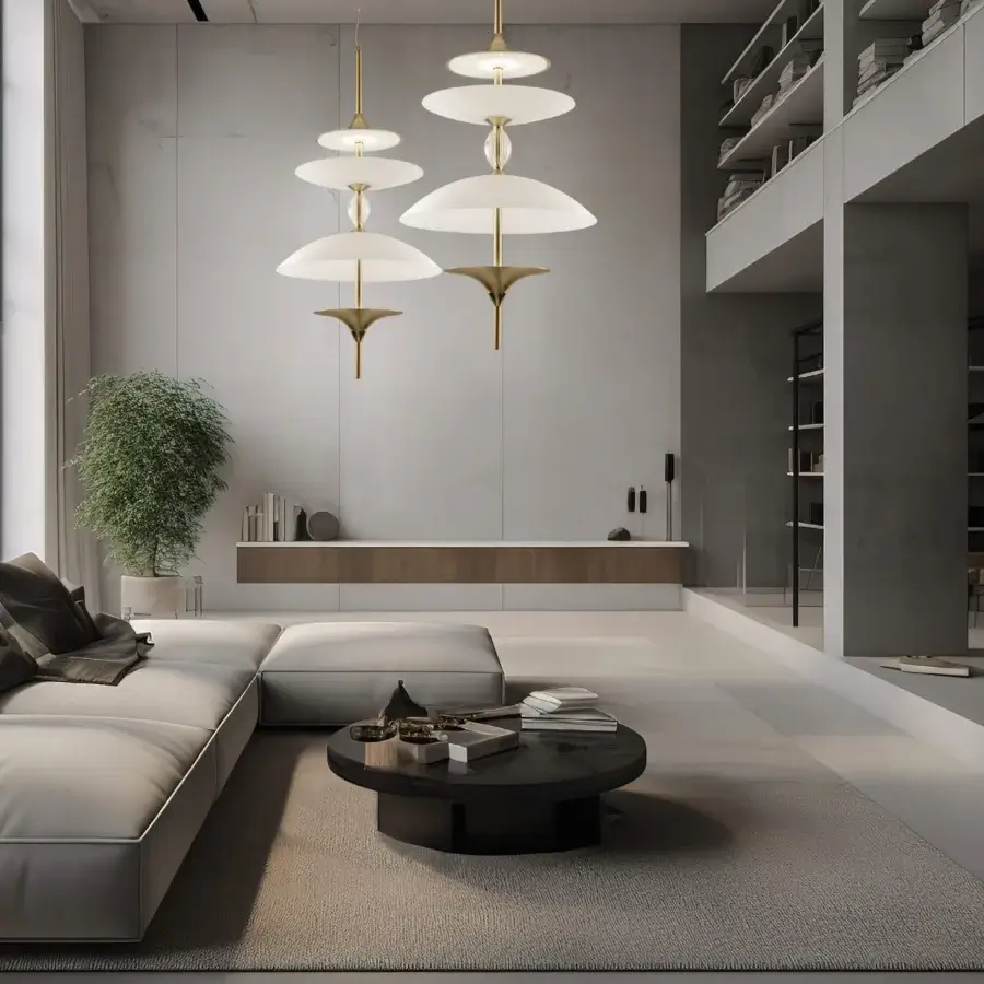 Superior Euroluce Sama suspension lamp crafted in metal with a warm gold satin finish and flowing stacked elements