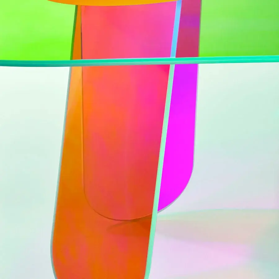 Distinguished Glas Italia Shimmer table crafted from laminated and glued glass with iridescent multichromatic green to orange finish