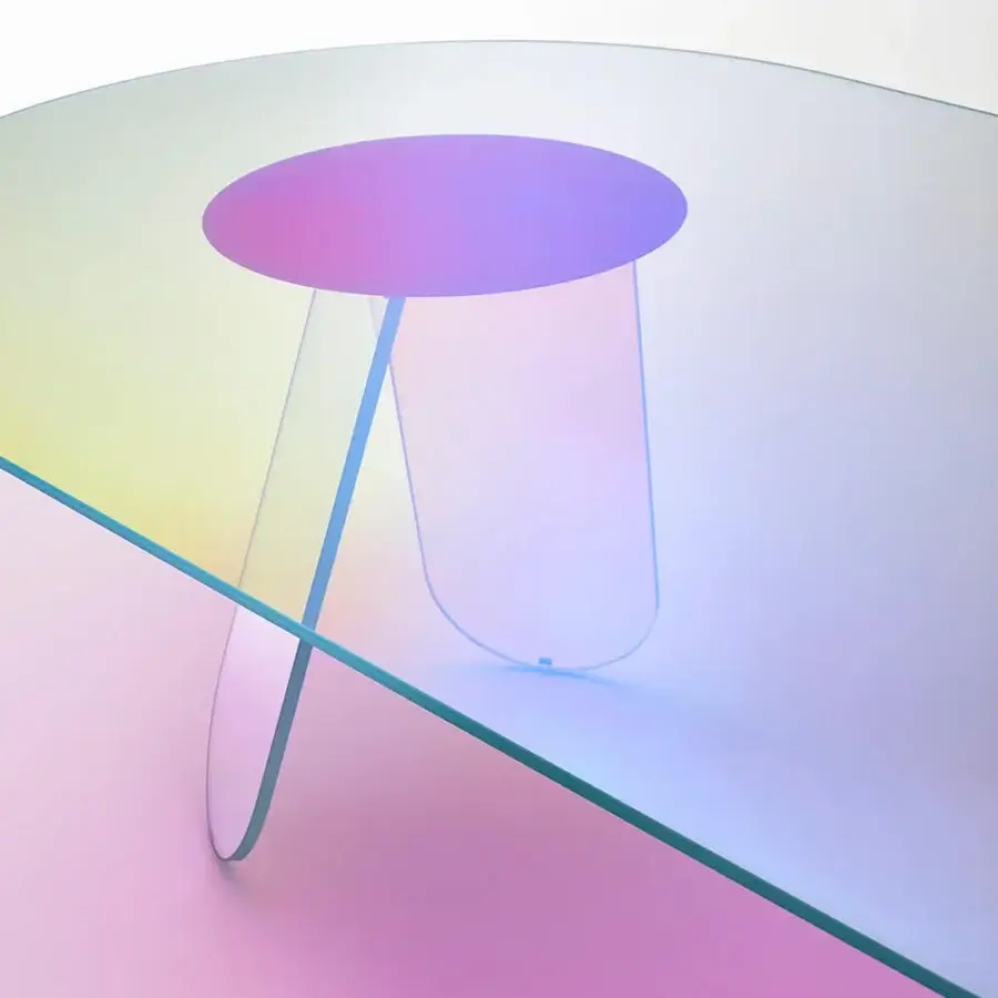 Exceptional Glas Italia Shimmer table crafted from laminated and glued glass with iridescent multichromatic finish and rounded form