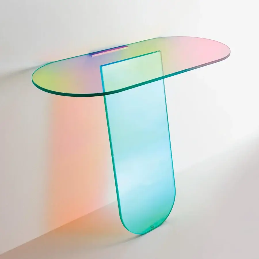 Exceptional Glas Italia Shimmer console crafted from laminated and glued glass with iridescent multichromatic finish