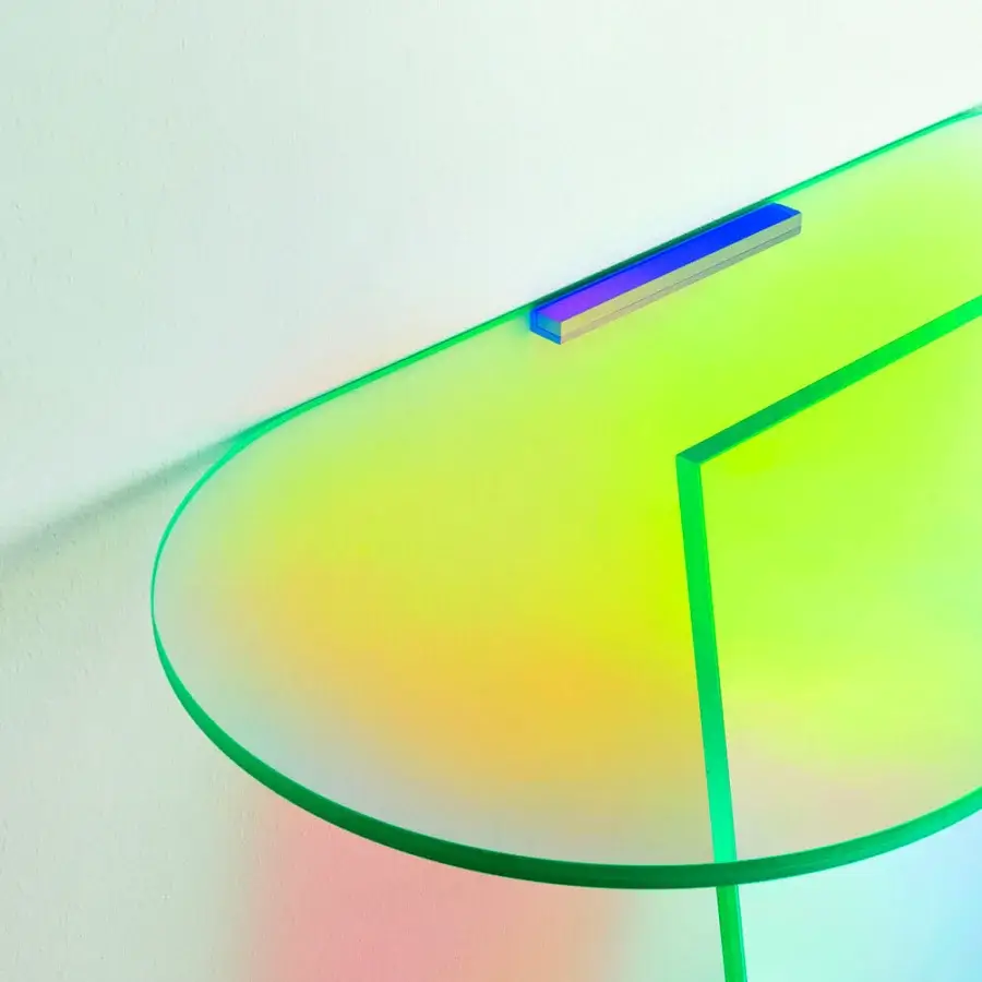 Luxury Glas Italia Shimmer console crafted from laminated glass with iridescent multichromatic finish and captivating gradient tones