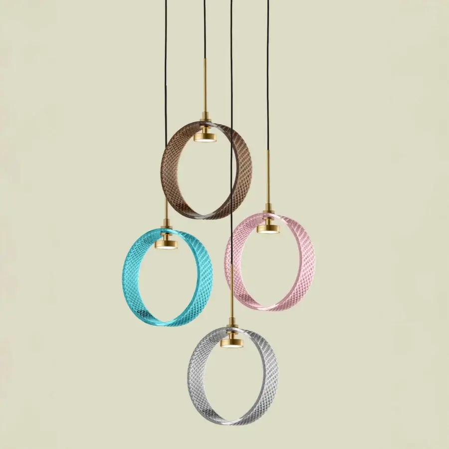 Superior Euroluce Sospeso suspension lamp with a teal blue metal ring and polished gold-toned light housing