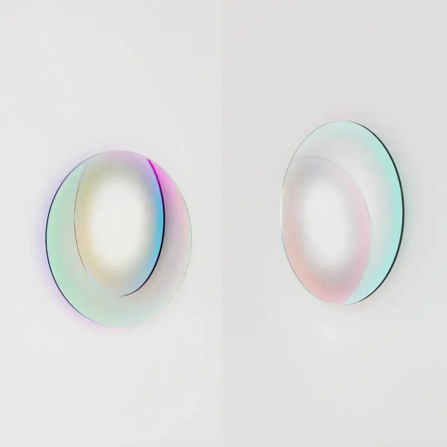 Distinguished Glas Italia Shimmer mirror crafted from extralight glass with degrading silvering and iridescent multichromatic finish