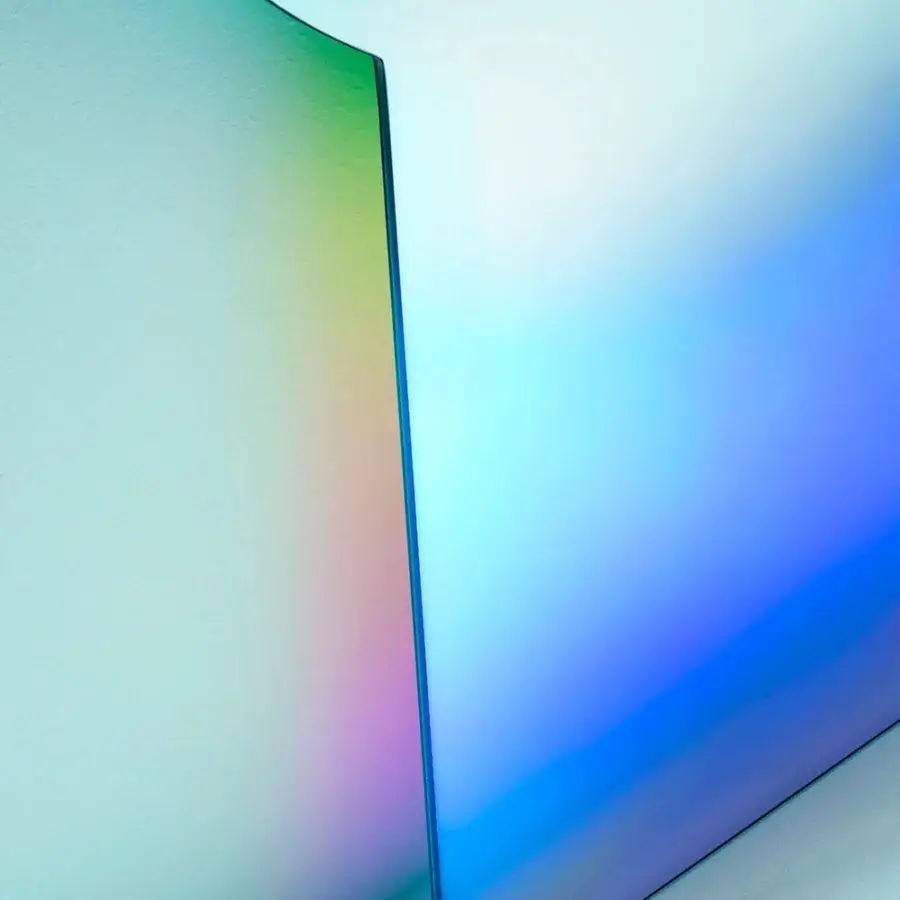 Captivating Glas Italia Shimmer mirror crafted from extralight glass with an iridescent multichromatic finish displaying blues, turquoise and greens