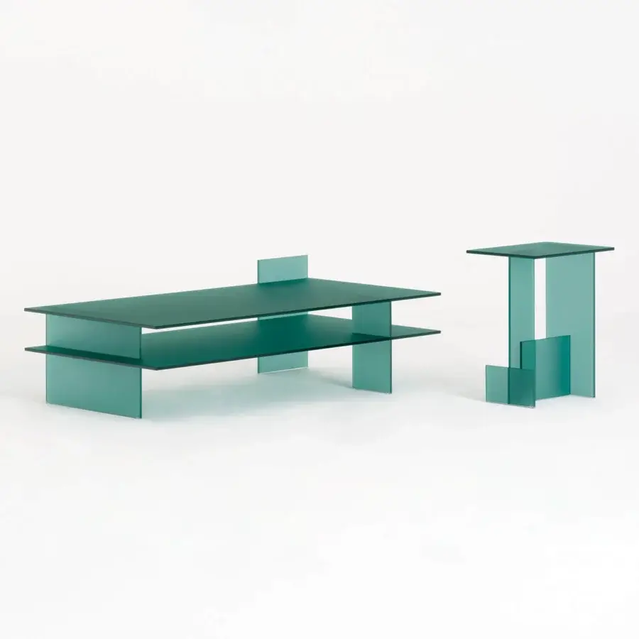 Distinguished Glas Italia Kazimir side and coffee table set in tempered glass with a seafoam green finish embodies minimalist Italian craftsmanship