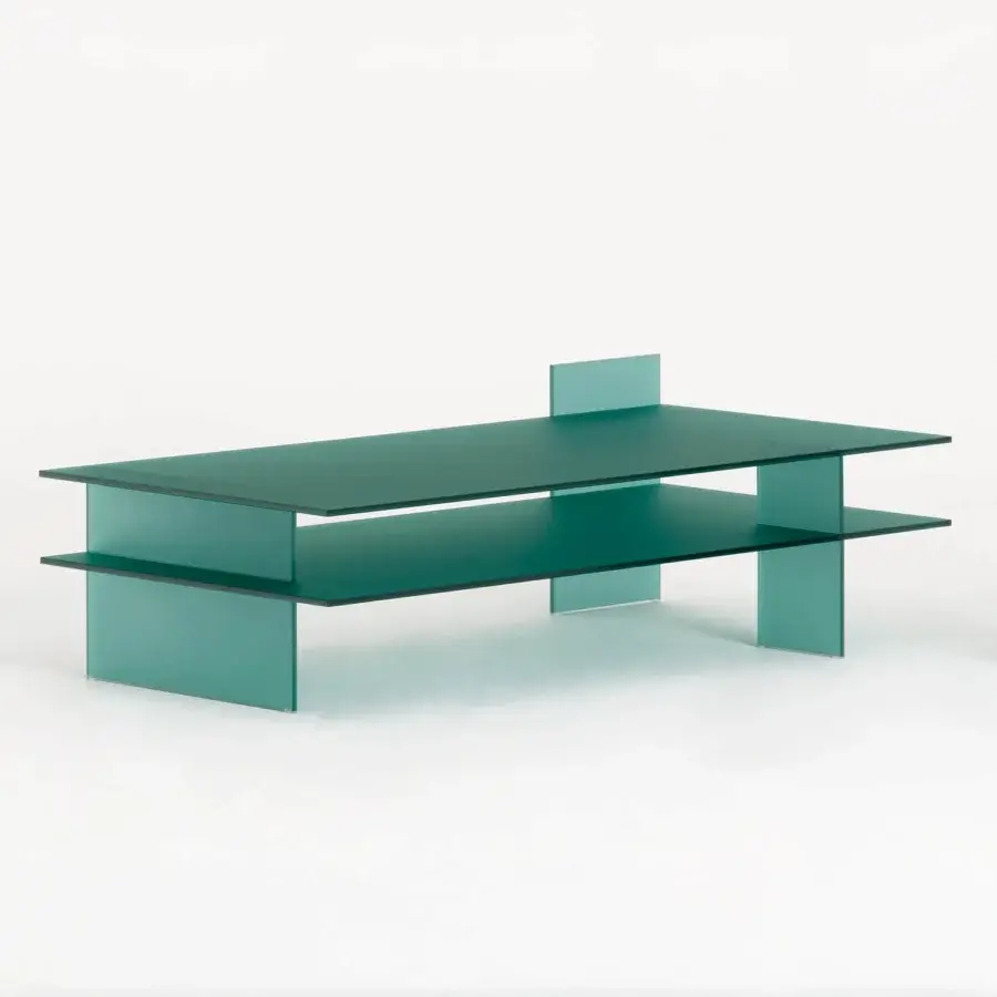 Exceptional Glas Italia Kazimir side and coffee table built with muted teal tempered glass and double-sided acid-etched surfaces