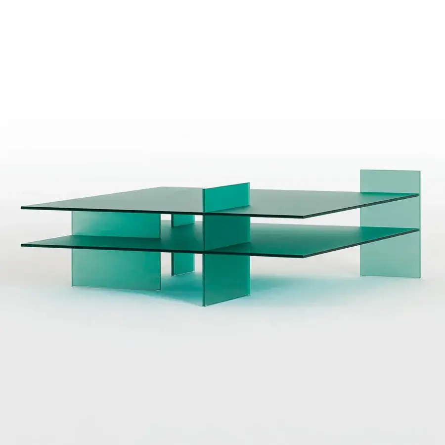 Superior Glas Italia Kazimir side and coffee table crafted from teal tempered glass with double-sided acid-etched finish