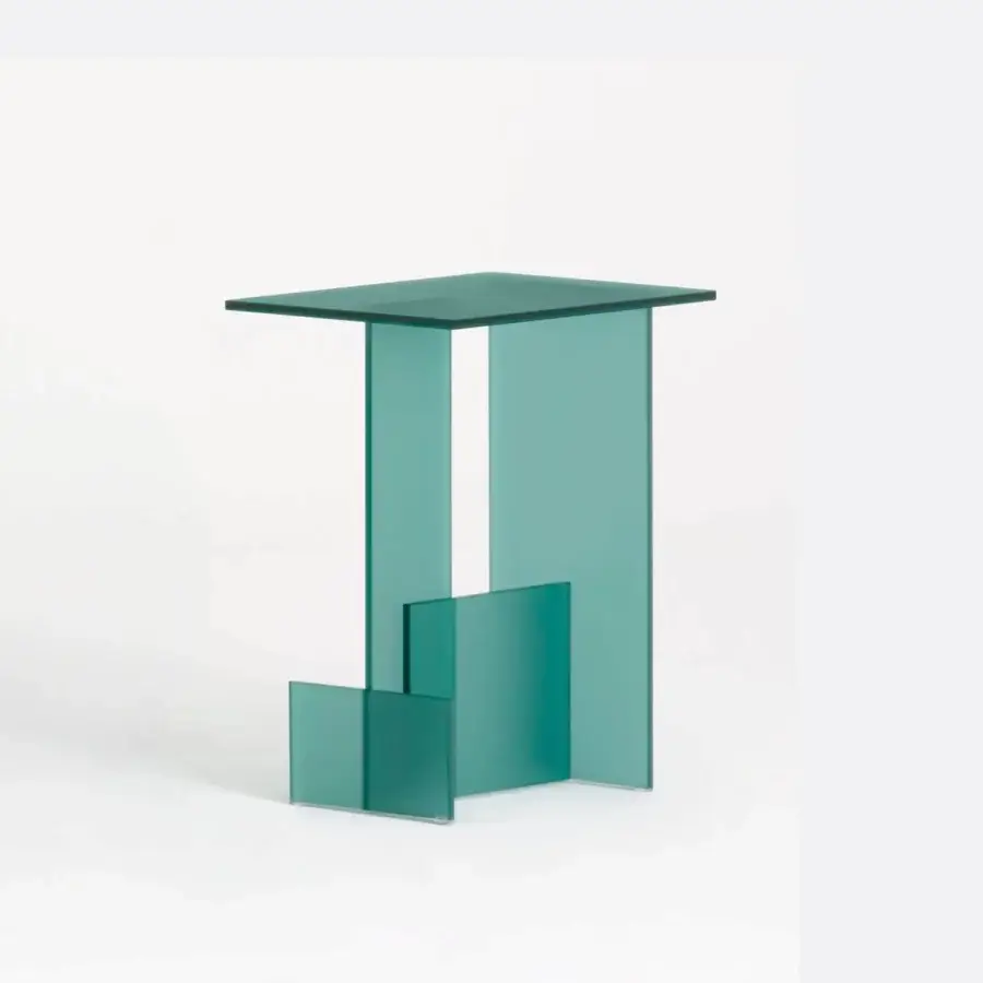 Elegant Glas Italia Kazimir side and coffee table built with muted teal tempered glass and double-sided acid-etched surfaces