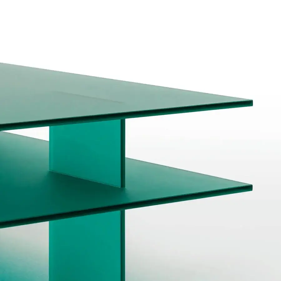 Distinguished Glas Italia Kazimir side and coffee table crafted from teal tinted tempered glass with seamless bonding technique
