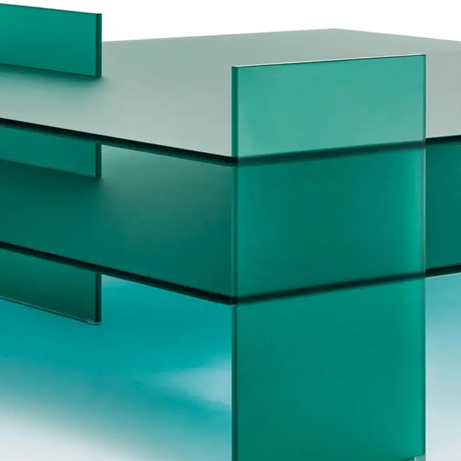 Exceptional Glas Italia Kazimir side and coffee table crafted from teal blue-green tempered glass with double-sided acid-etched finish