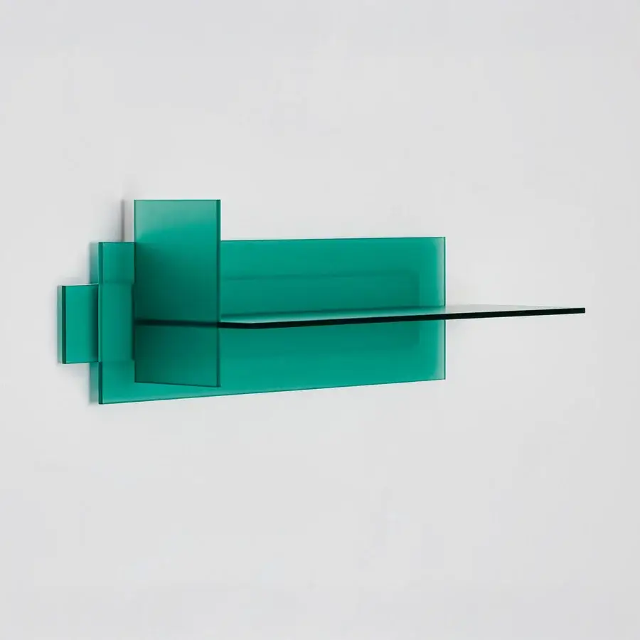 Captivating Glas Italia Kazimir shelf built in teal tempered glass with a double-sided acid-etched finish and asymmetrical form