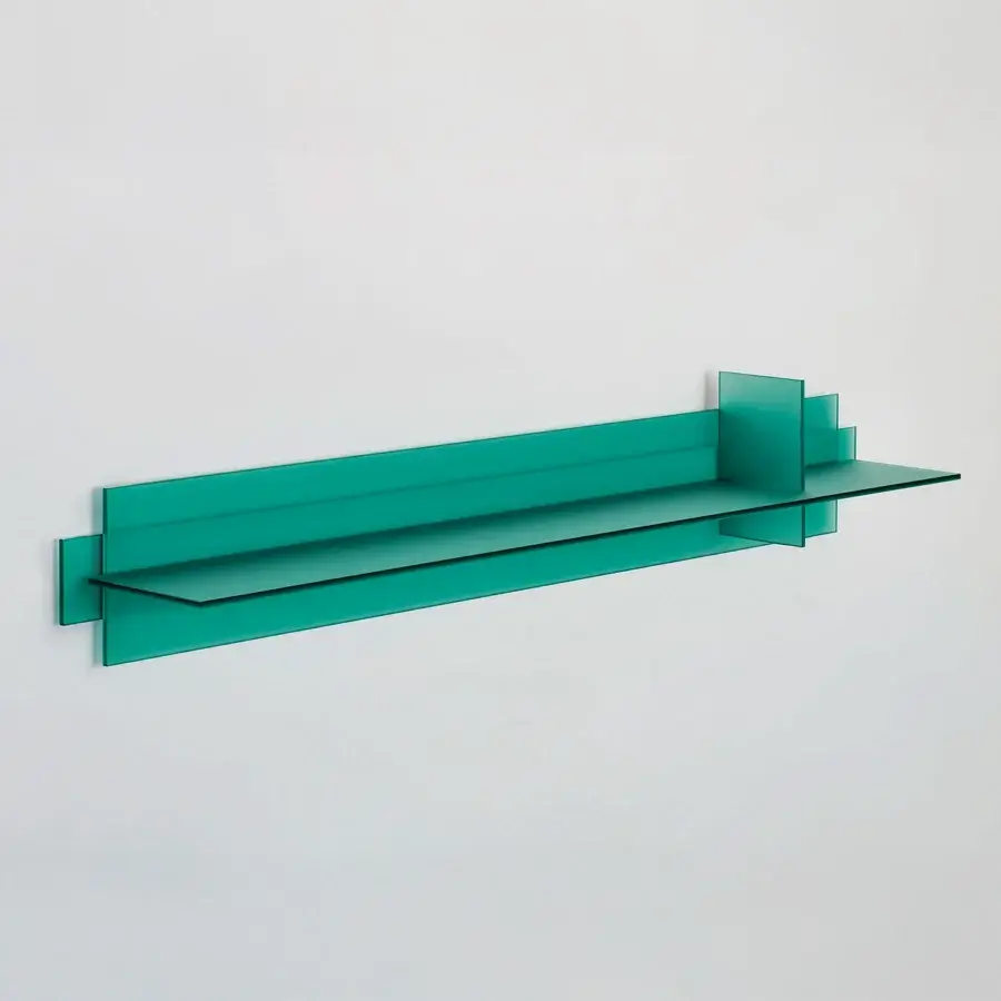 Exceptional Glas Italia Kazimir shelf crafted in teal tempered glass with double-sided acid-etched finish